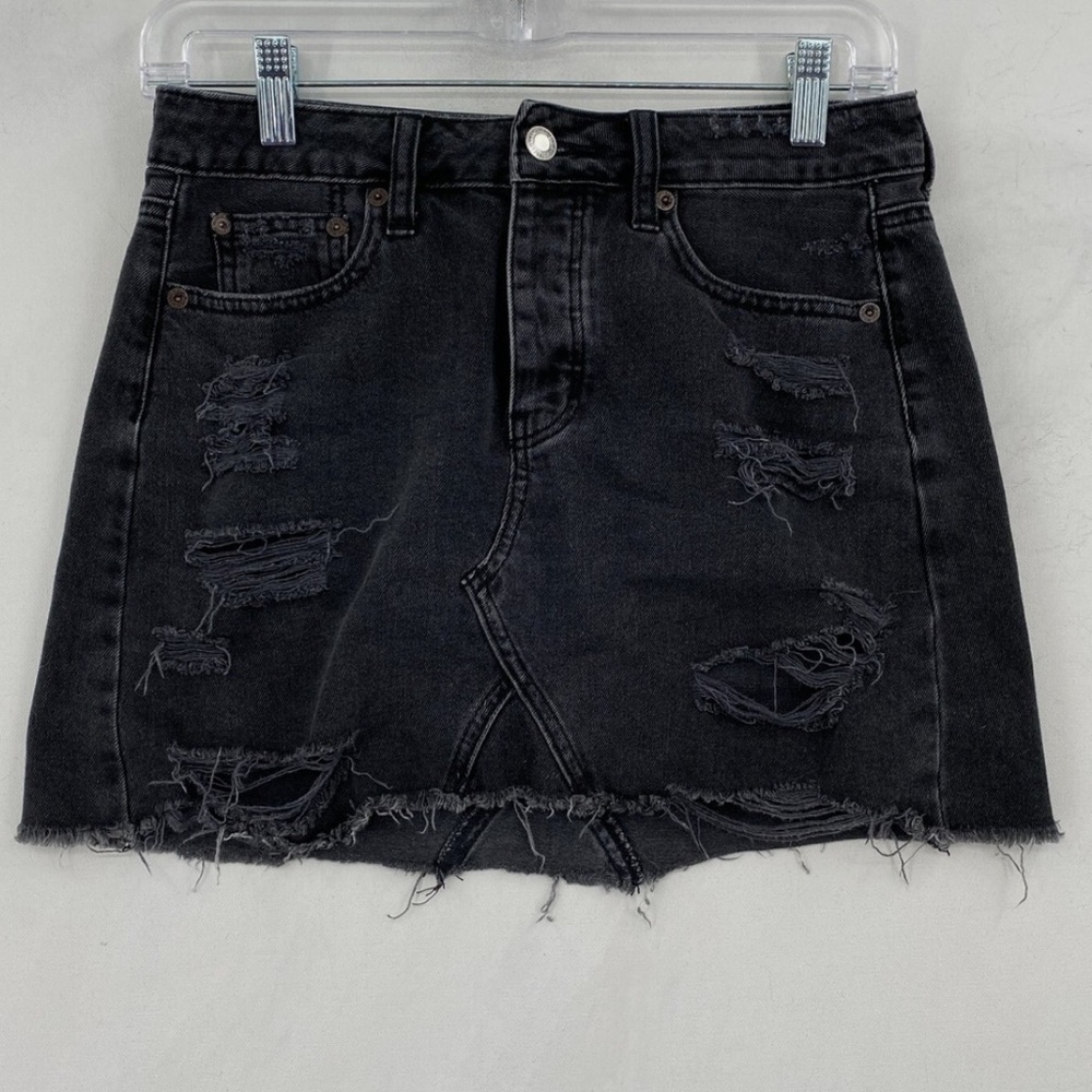 American Eagle Denim Mini Skirt Womens 6 Black Destroyed Distressed Button Fly